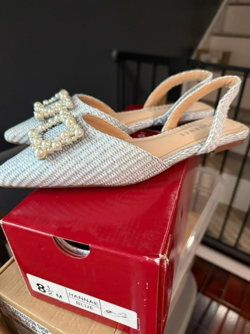 Journee Collection Light Blue Woven Pointed Slingback Flats with Pearl Buckle - Picture 2 of 3